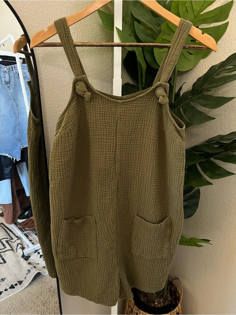 🌿 Dark Olive Green Cotton Gauze Boho Romper Jumpsuit size XS